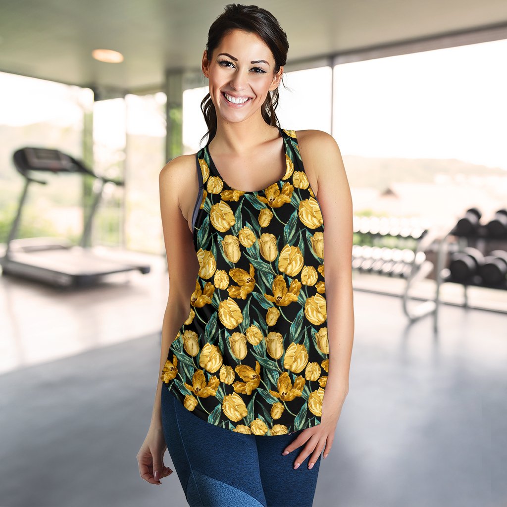 Elegant Yellow Tulip Print Women Racerback Tank Top