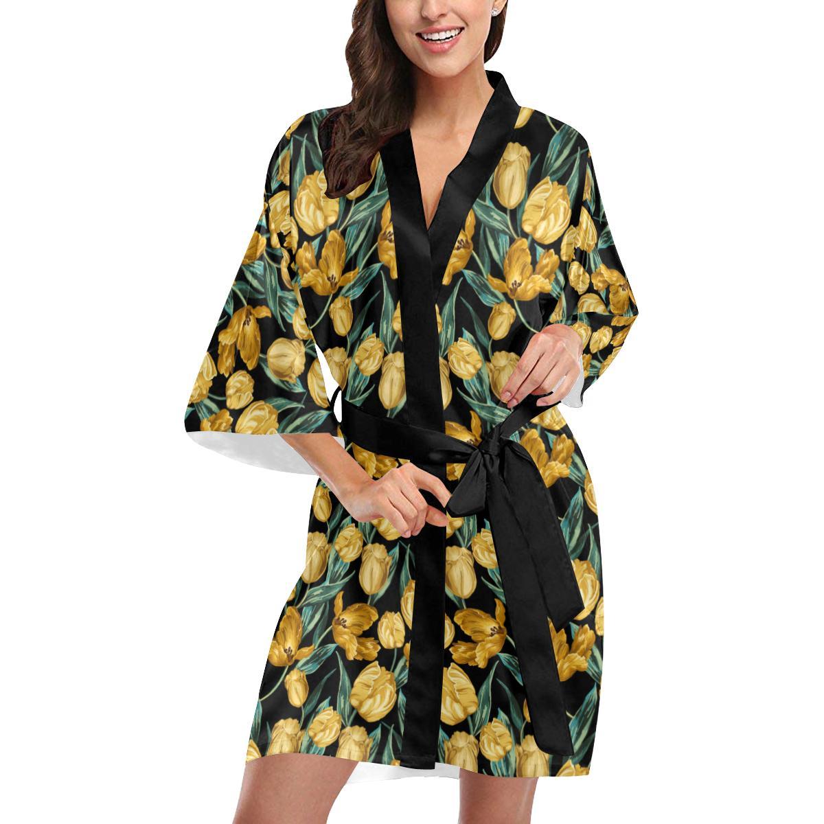 Elegant Yellow Tulip Print Women Short Kimono Robe