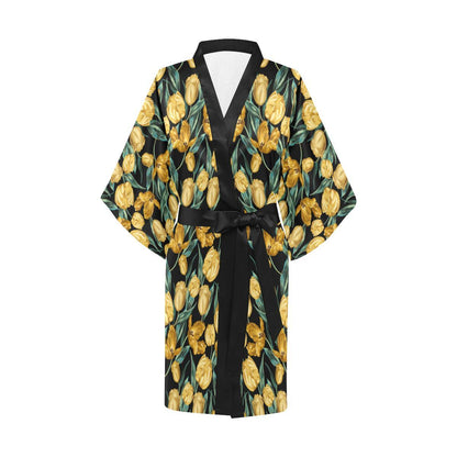 Elegant Yellow Tulip Print Women Short Kimono Robe