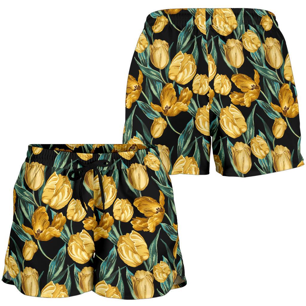 Elegant Yellow Tulip Print Women Shorts-JTAMIGO.COM