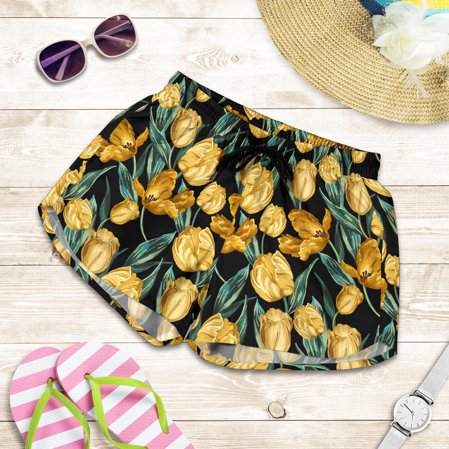 Elegant Yellow Tulip Print Women Shorts-JTAMIGO.COM