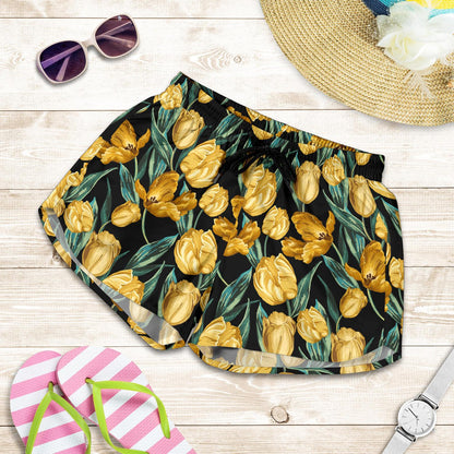 Elegant Yellow Tulip Print Women Shorts-JTAMIGO.COM