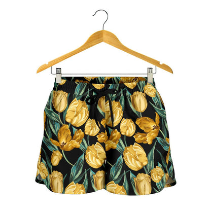 Elegant Yellow Tulip Print Women Shorts-JTAMIGO.COM