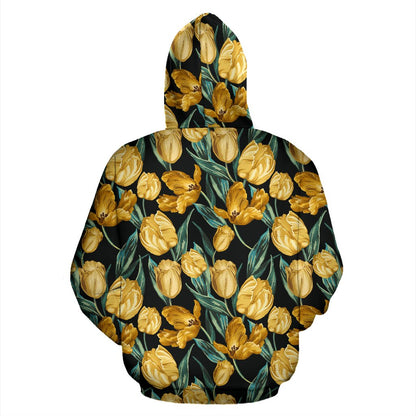 Elegant Yellow Tulip Print Zip Up Hoodie