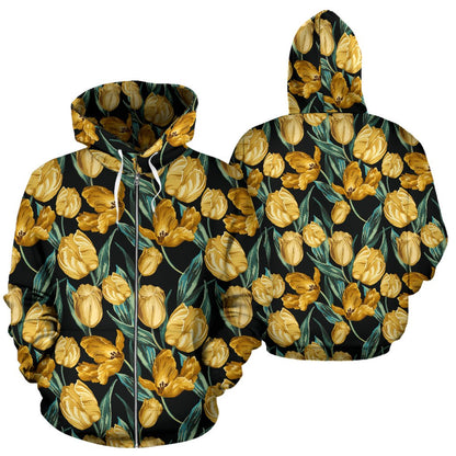 Elegant Yellow Tulip Print Zip Up Hoodie