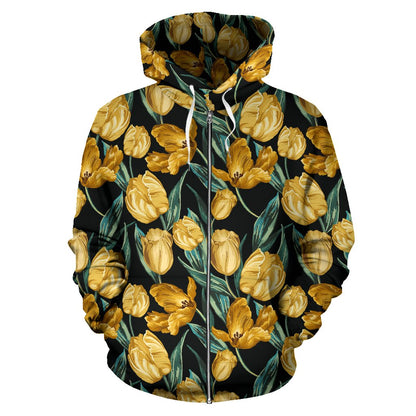 Elegant Yellow Tulip Print Zip Up Hoodie
