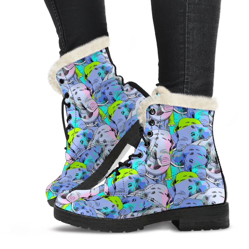 Elephant Art color Print Pattern Faux Fur Leather Boots-JTAMIGO.COM