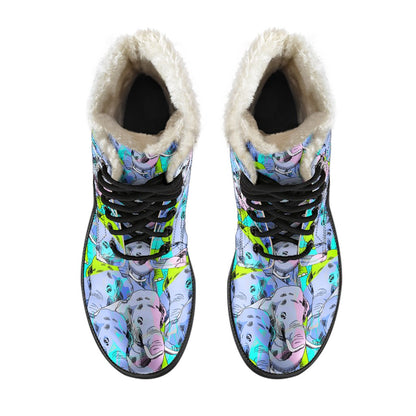 Elephant Art color Print Pattern Faux Fur Leather Boots-JTAMIGO.COM