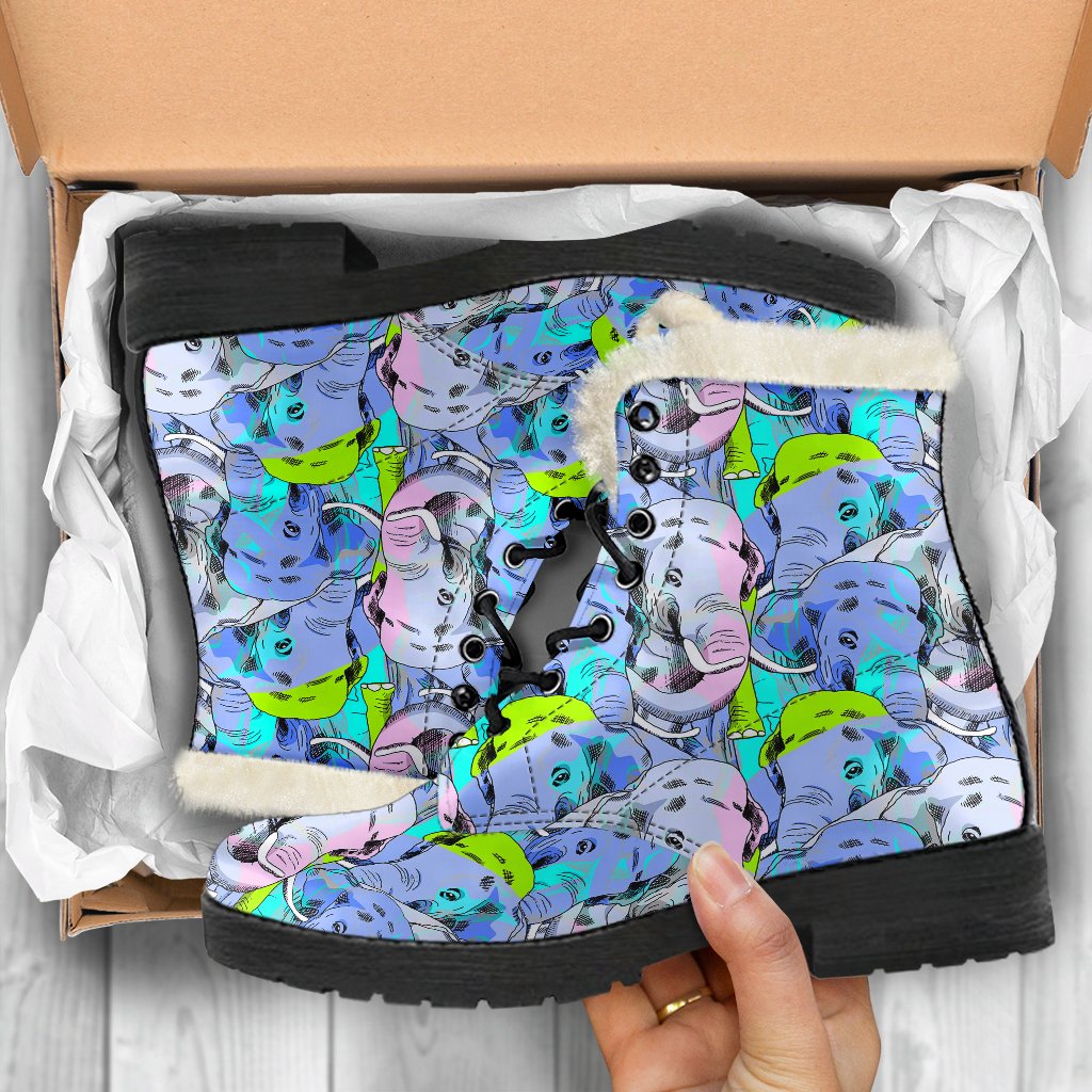Elephant Art color Print Pattern Faux Fur Leather Boots-JTAMIGO.COM