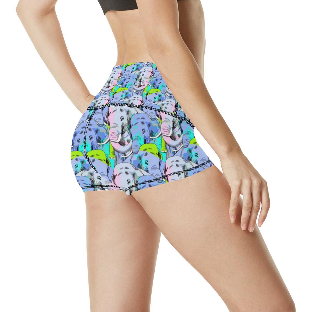 Elephant Art color Print Pattern High Waisted Spandex Shorts-JTAMIGO.COM