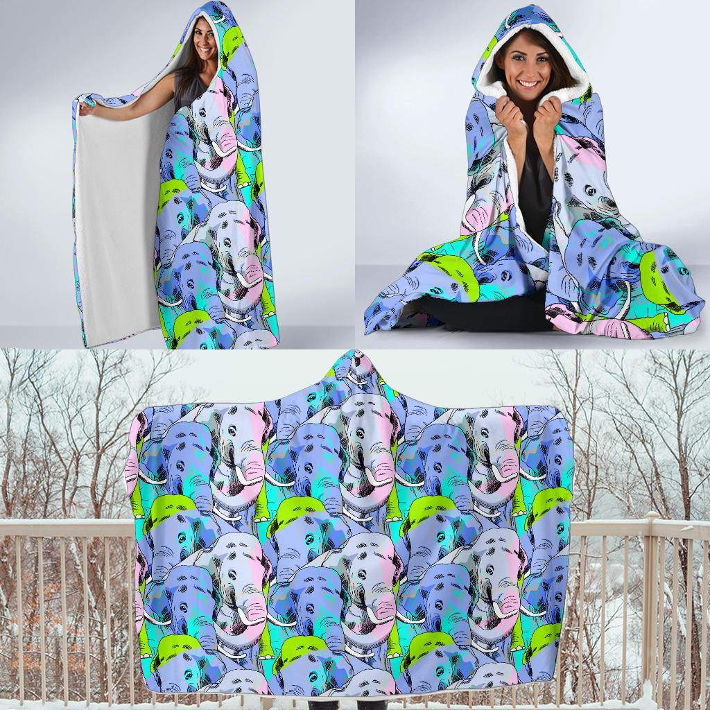 Elephant Art color Print Pattern Hooded Blanket-JTAMIGO.COM