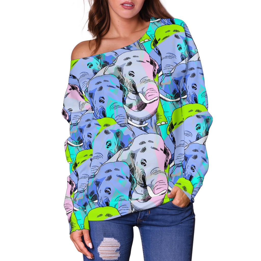 Elephant Art color Print Pattern Off Shoulder Sweatshirt