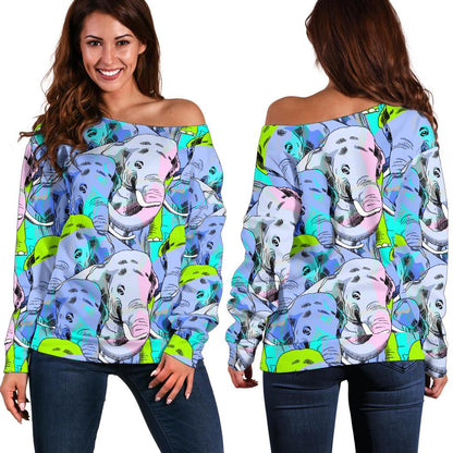 Elephant Art color Print Pattern Off Shoulder Sweatshirt