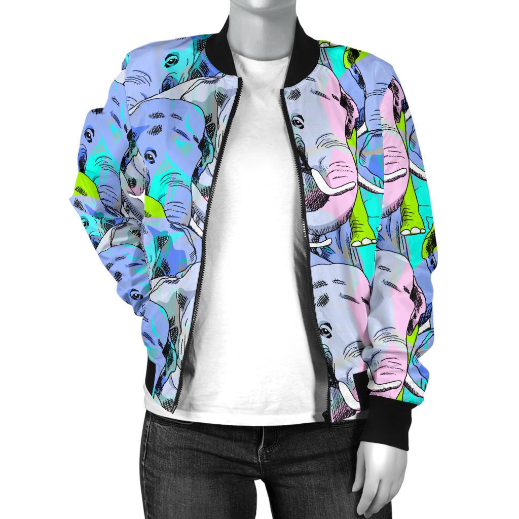 Elephant Art Color Print Pattern Women Casual Bomber Jacket