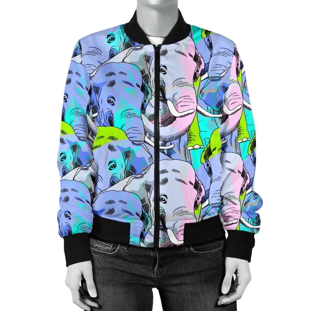 Elephant Art Color Print Pattern Women Casual Bomber Jacket