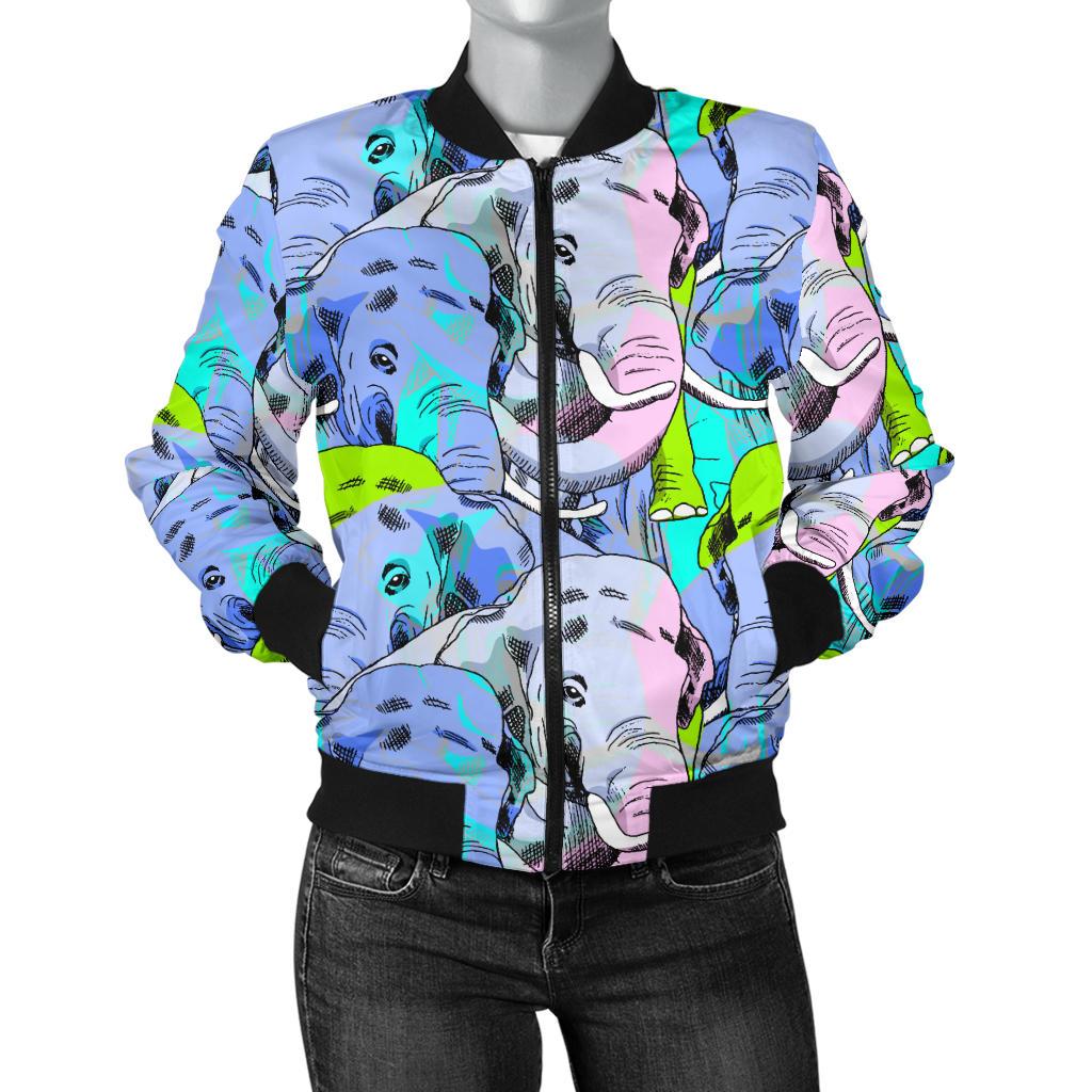 Elephant Art Color Print Pattern Women Casual Bomber Jacket