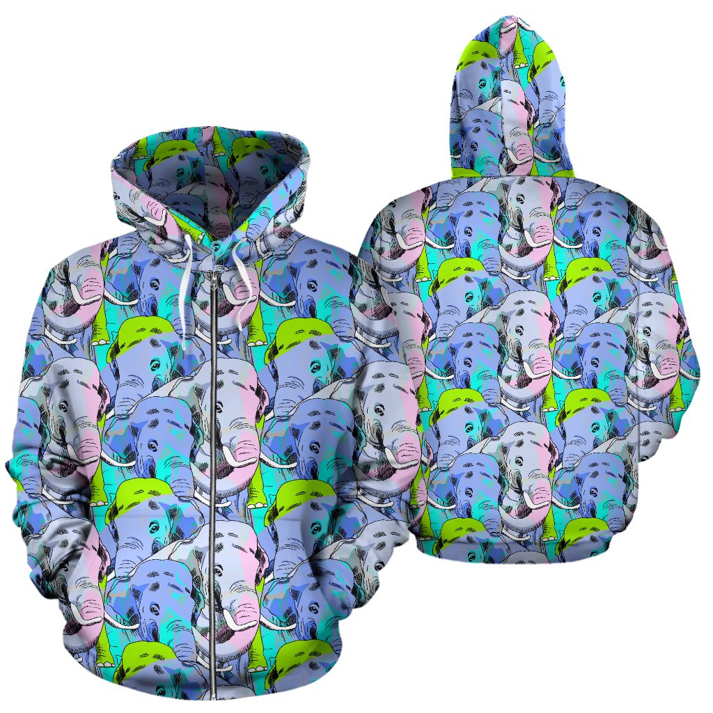 Elephant Art Color Print Pattern Zip Up Hoodie