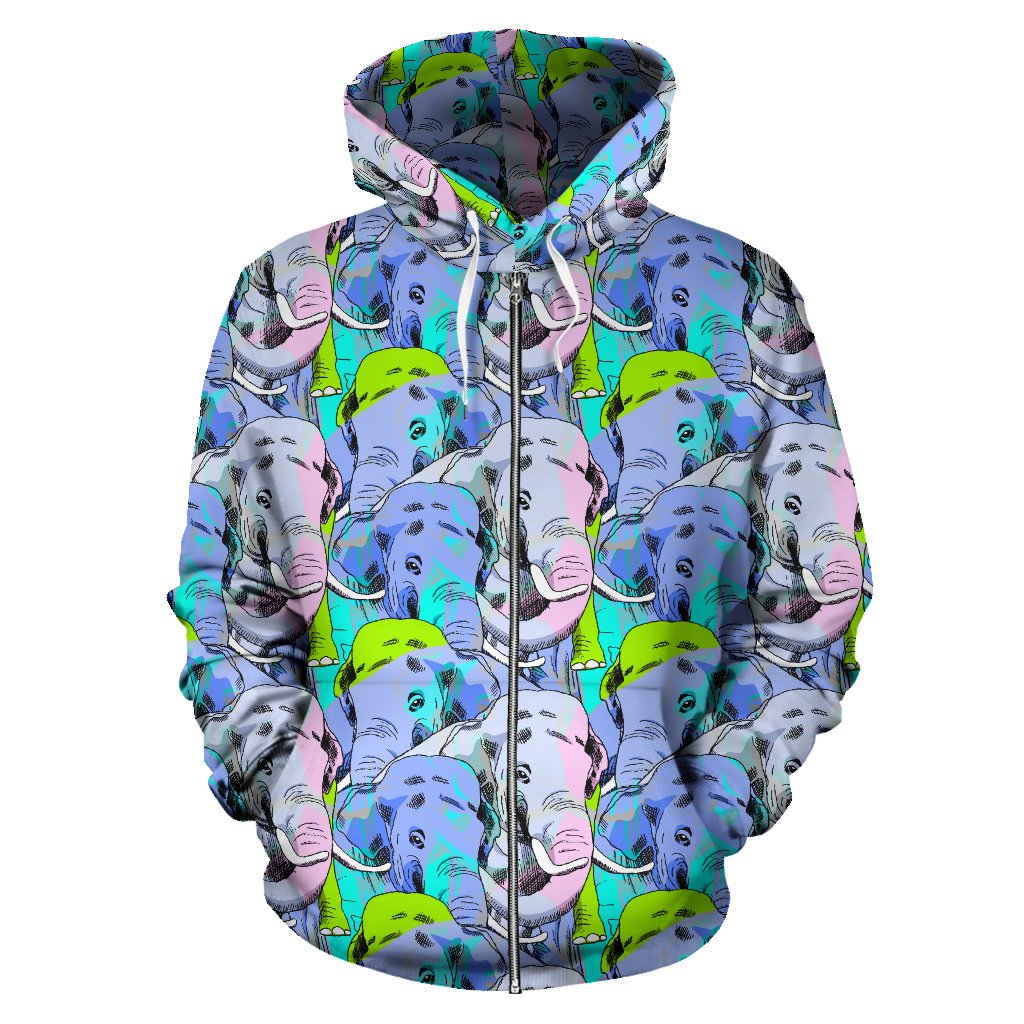 Elephant Art Color Print Pattern Zip Up Hoodie