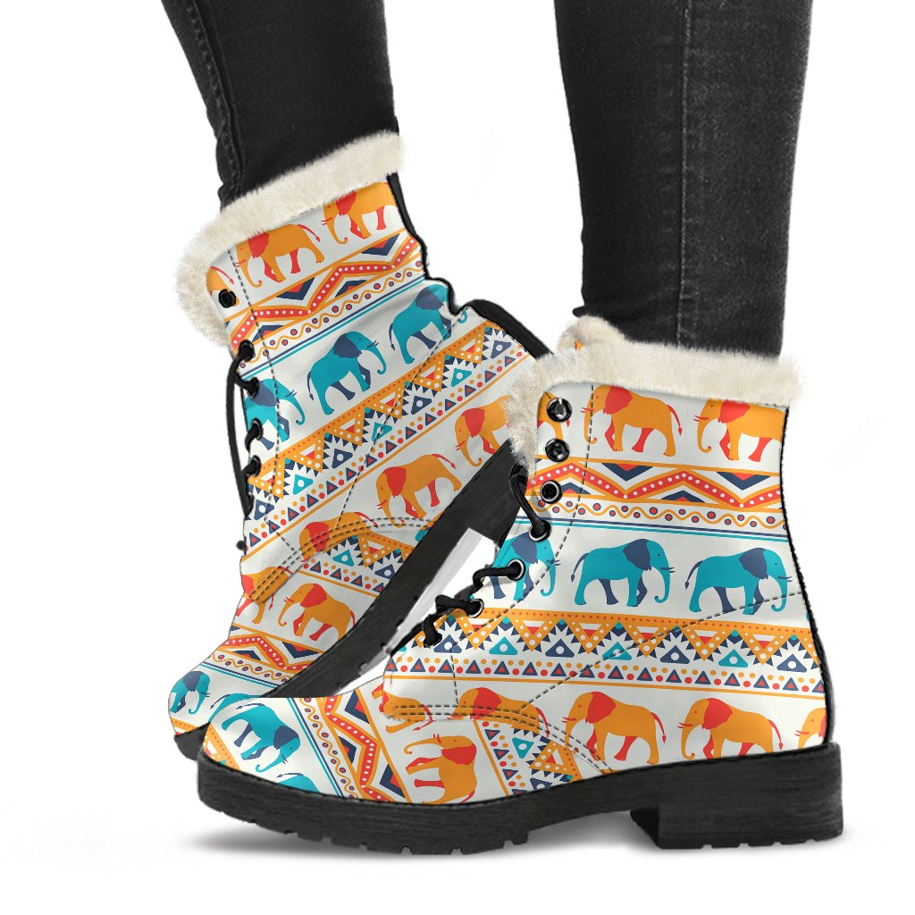 Elephant Aztec Ethnic Print Pattern Faux Fur Leather Boots-JTAMIGO.COM