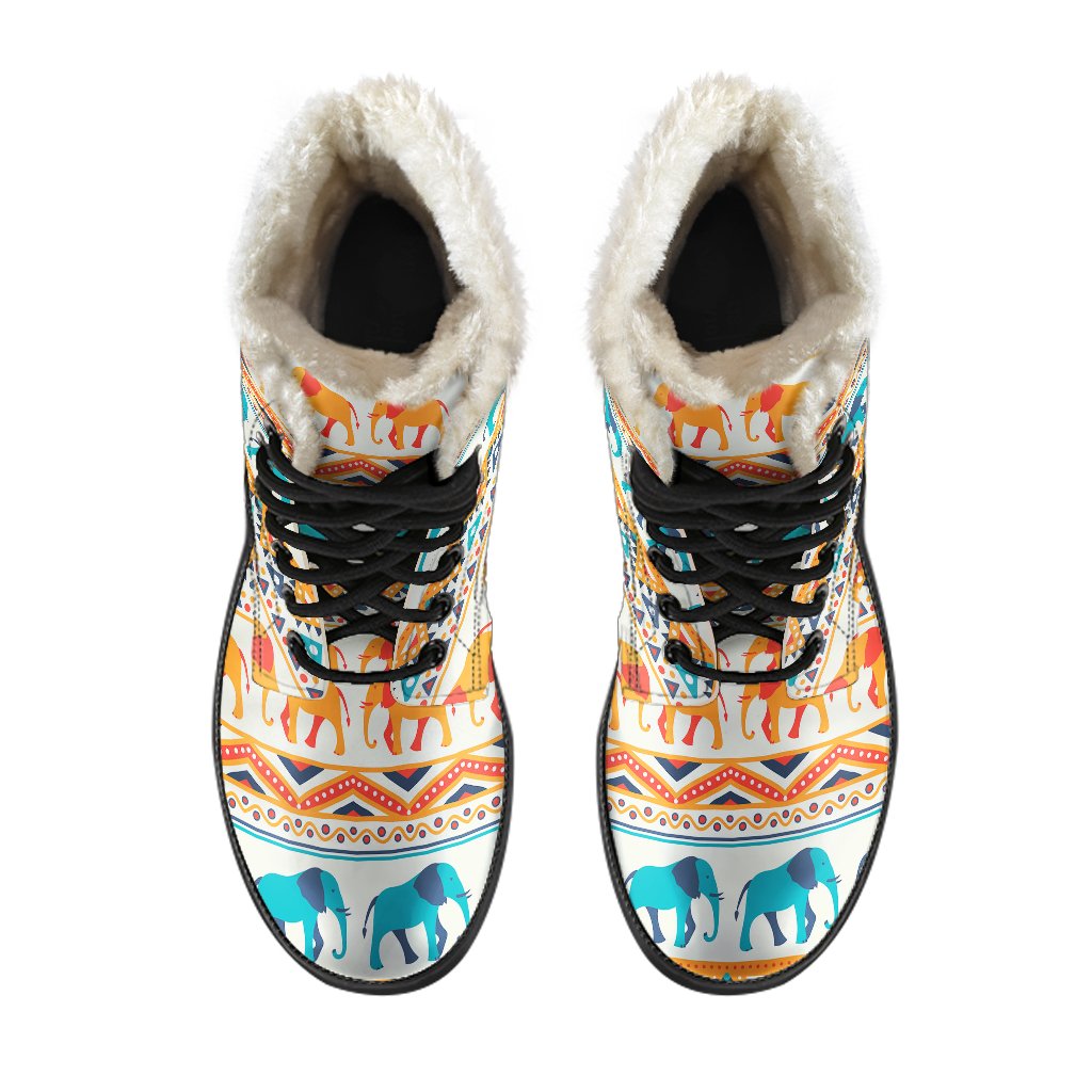 Elephant Aztec Ethnic Print Pattern Faux Fur Leather Boots-JTAMIGO.COM