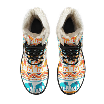 Elephant Aztec Ethnic Print Pattern Faux Fur Leather Boots-JTAMIGO.COM