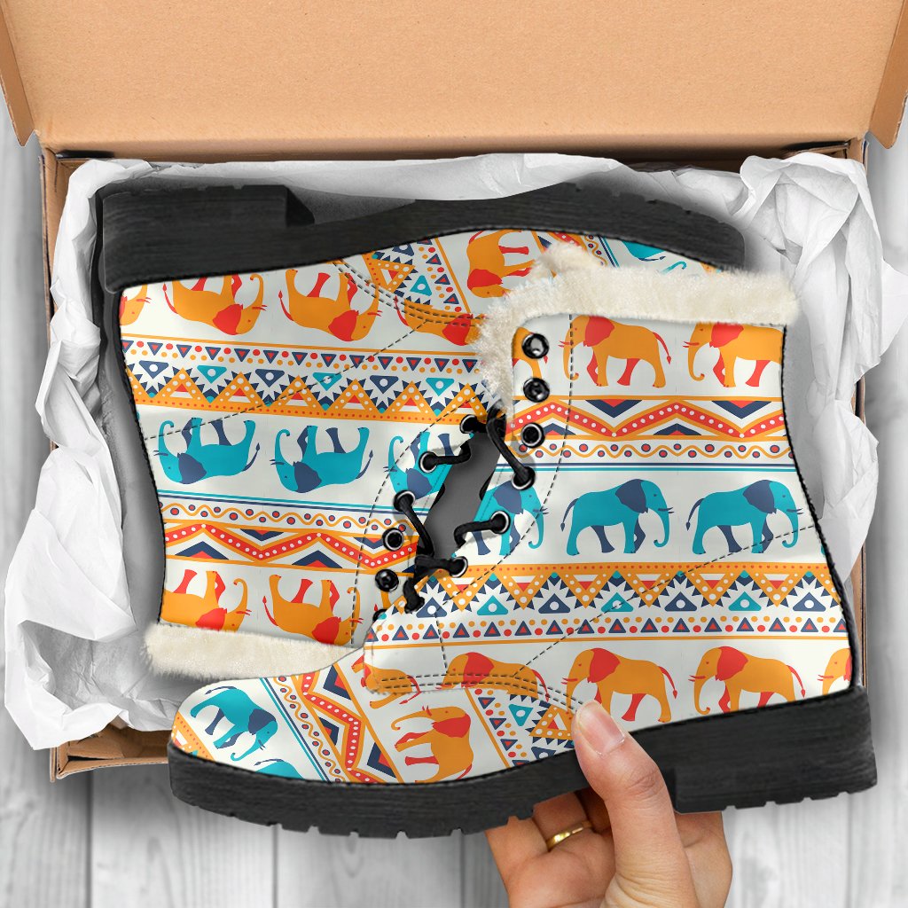 Elephant Aztec Ethnic Print Pattern Faux Fur Leather Boots-JTAMIGO.COM