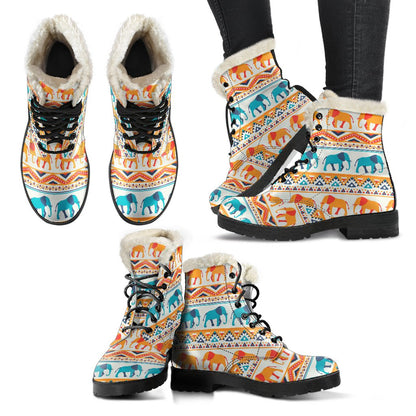 Elephant Aztec Ethnic Print Pattern Faux Fur Leather Boots-JTAMIGO.COM