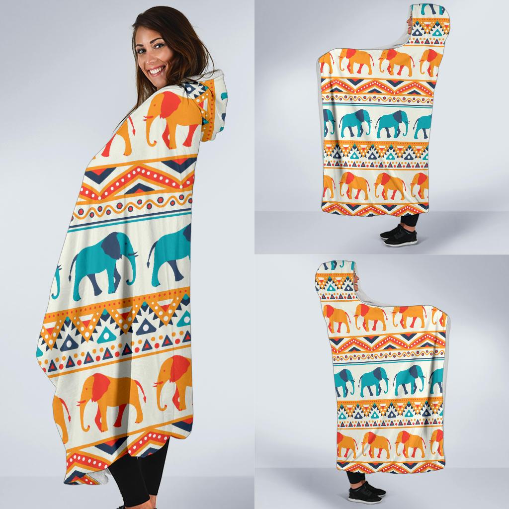 Elephant Aztec Ethnic Print Pattern Hooded Blanket-JTAMIGO.COM