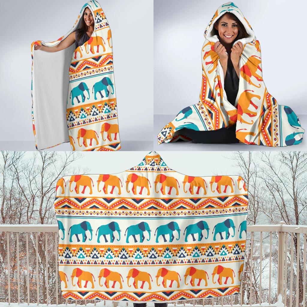 Elephant Aztec Ethnic Print Pattern Hooded Blanket-JTAMIGO.COM