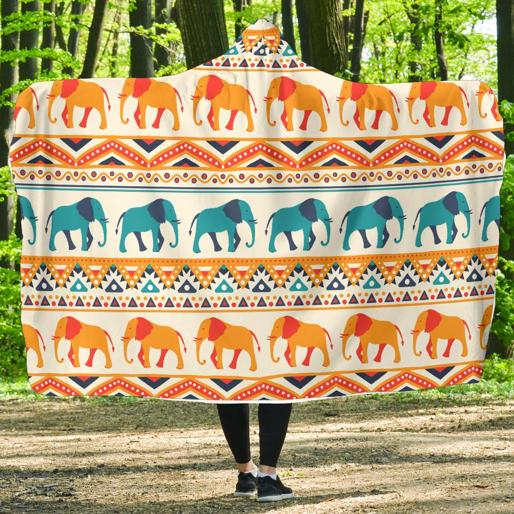 Elephant Aztec Ethnic Print Pattern Hooded Blanket-JTAMIGO.COM