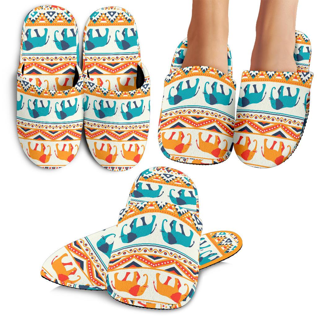 Elephant Aztec Ethnic Print Pattern House Slippers