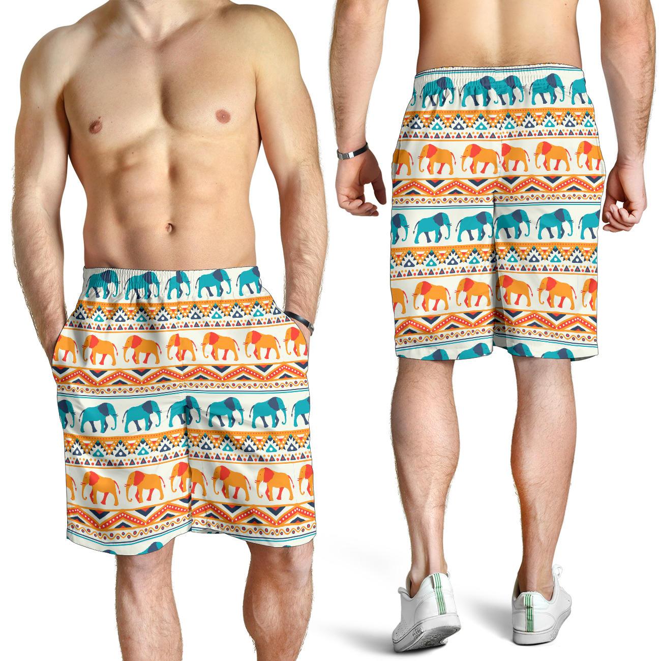 Elephant Aztec Ethnic Print Pattern Mens Shorts-JTAMIGO.COM