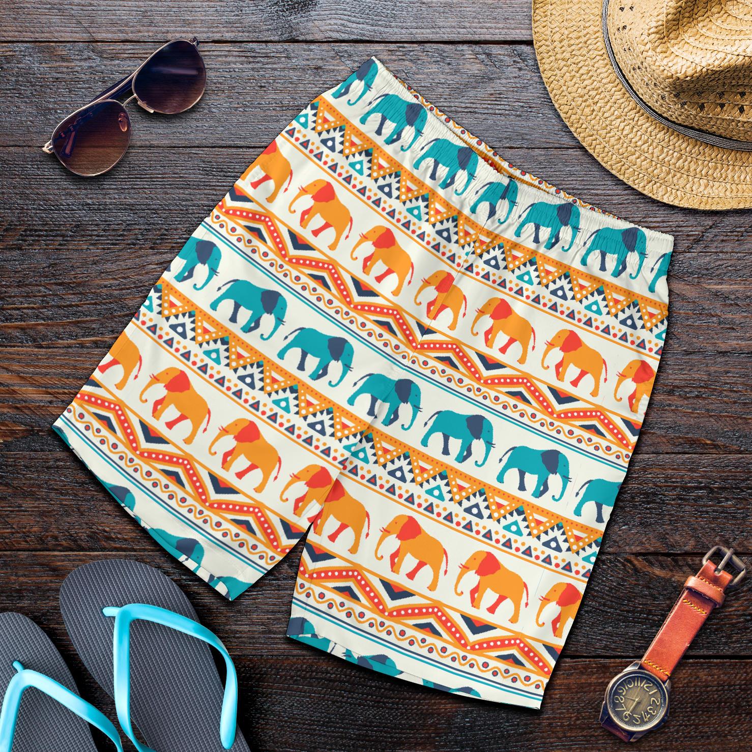 Elephant Aztec Ethnic Print Pattern Mens Shorts-JTAMIGO.COM