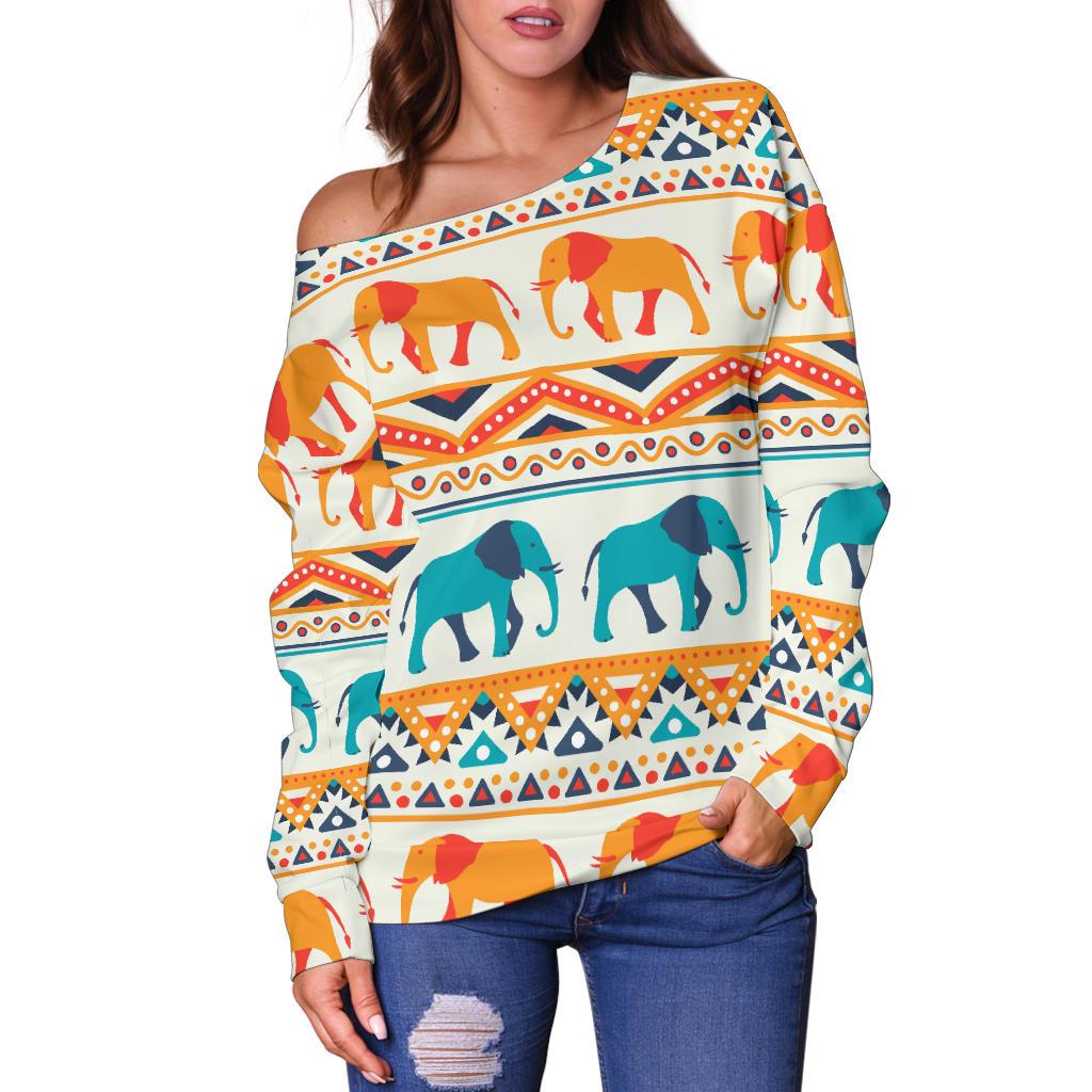 Elephant Aztec Ethnic Print Pattern Off Shoulder Sweatshirt