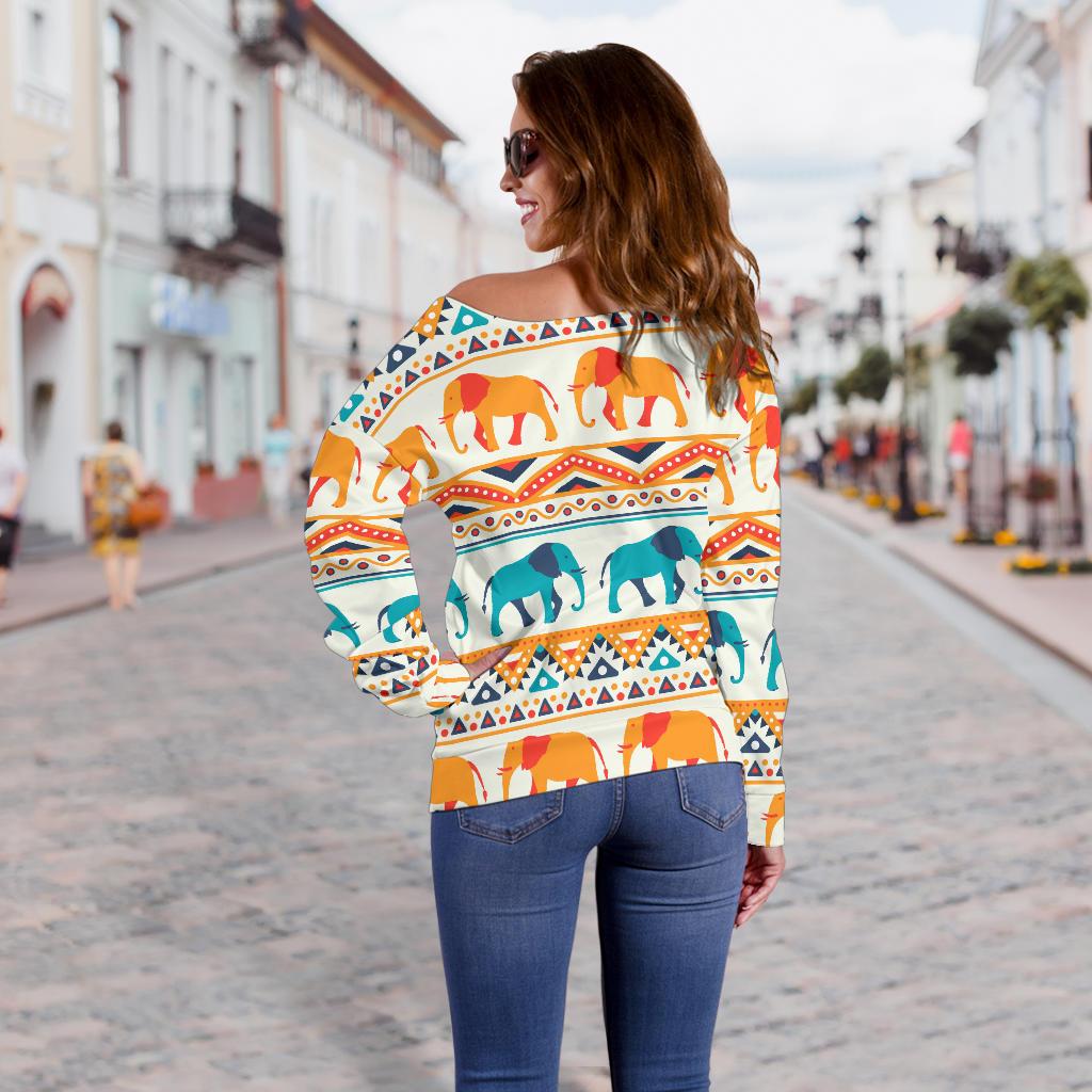 Elephant Aztec Ethnic Print Pattern Off Shoulder Sweatshirt