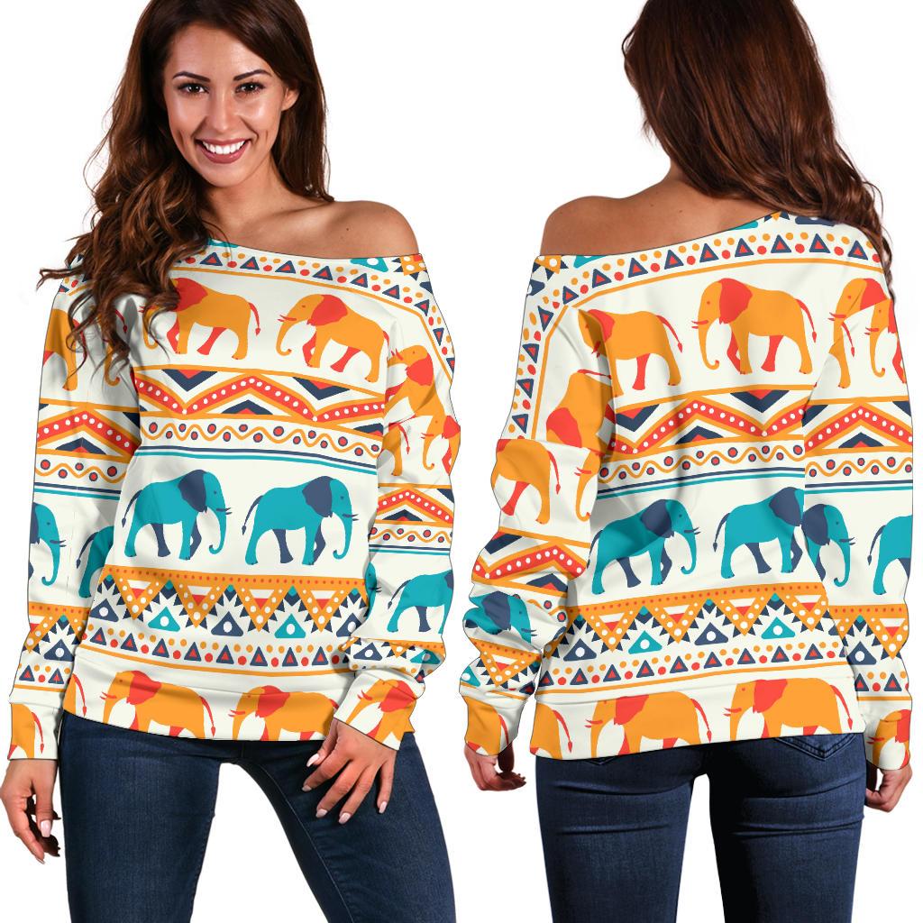 Elephant Aztec Ethnic Print Pattern Off Shoulder Sweatshirt