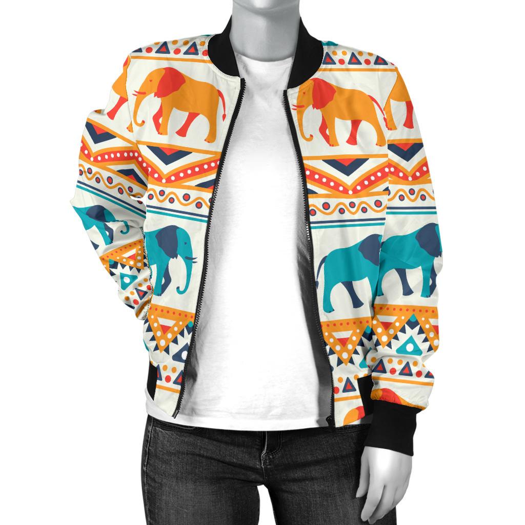 Elephant Aztec Ethnic Print Pattern Women Casual Bomber Jacket