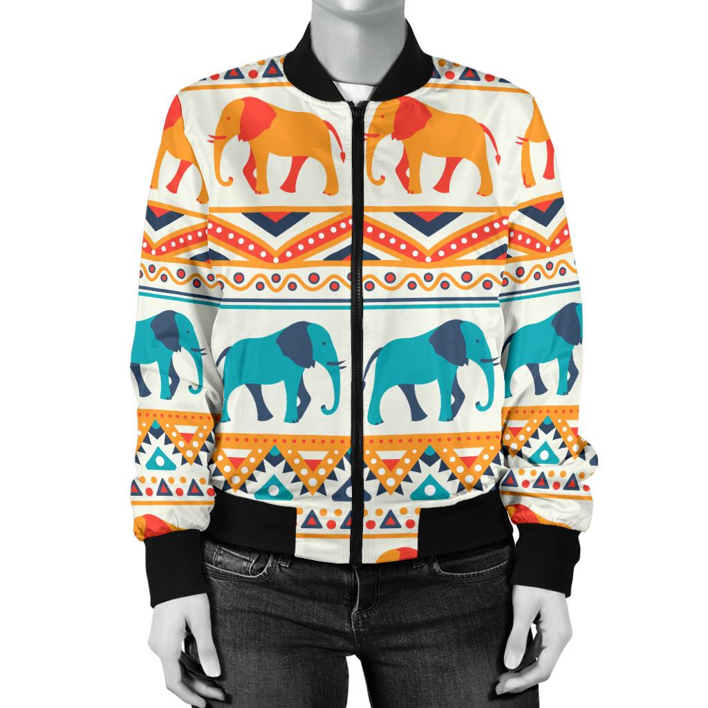 Elephant Aztec Ethnic Print Pattern Women Casual Bomber Jacket