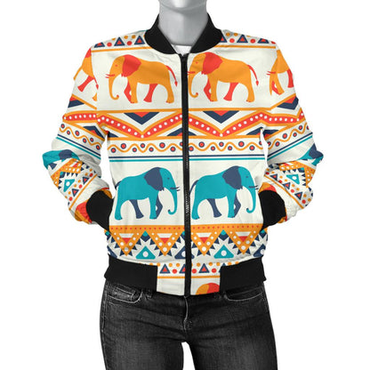 Elephant Aztec Ethnic Print Pattern Women Casual Bomber Jacket