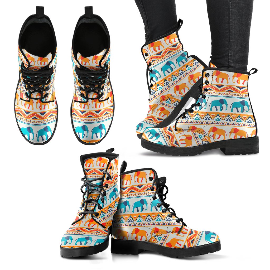 Elephant Aztec Ethnic Print Pattern Women Leather Boots-JTAMIGO.COM