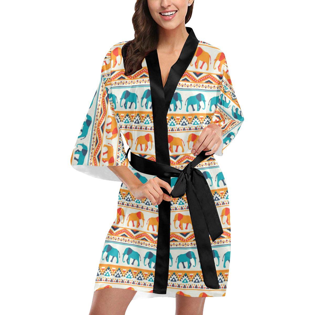Elephant Aztec Ethnic Print Pattern Women Short Kimono Robe