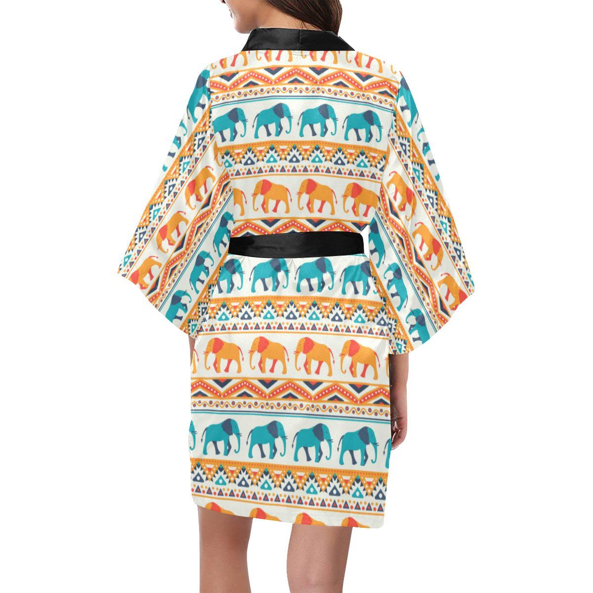 Elephant Aztec Ethnic Print Pattern Women Short Kimono Robe