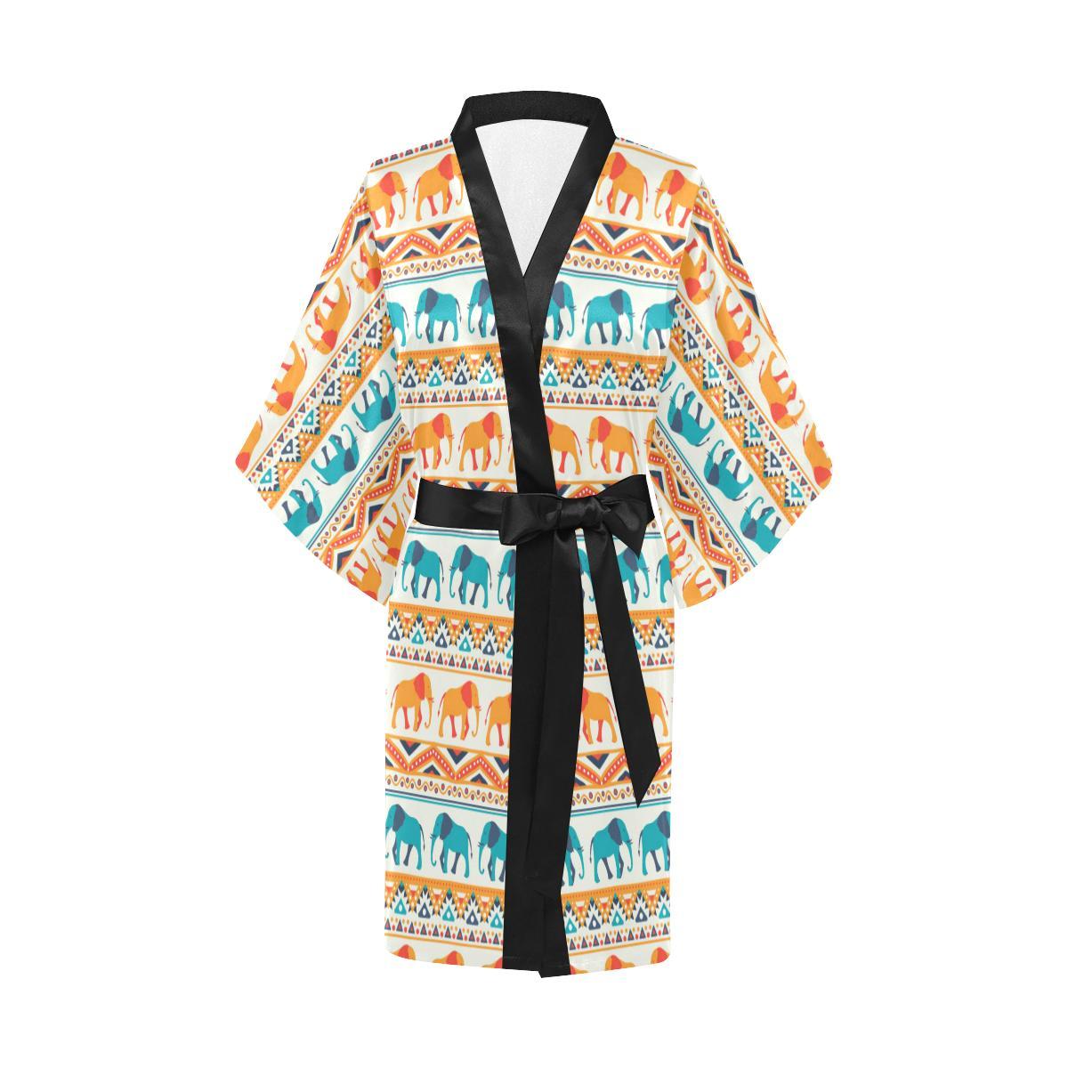 Elephant Aztec Ethnic Print Pattern Women Short Kimono Robe