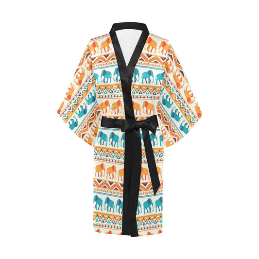 Elephant Aztec Ethnic Print Pattern Women Short Kimono Robe
