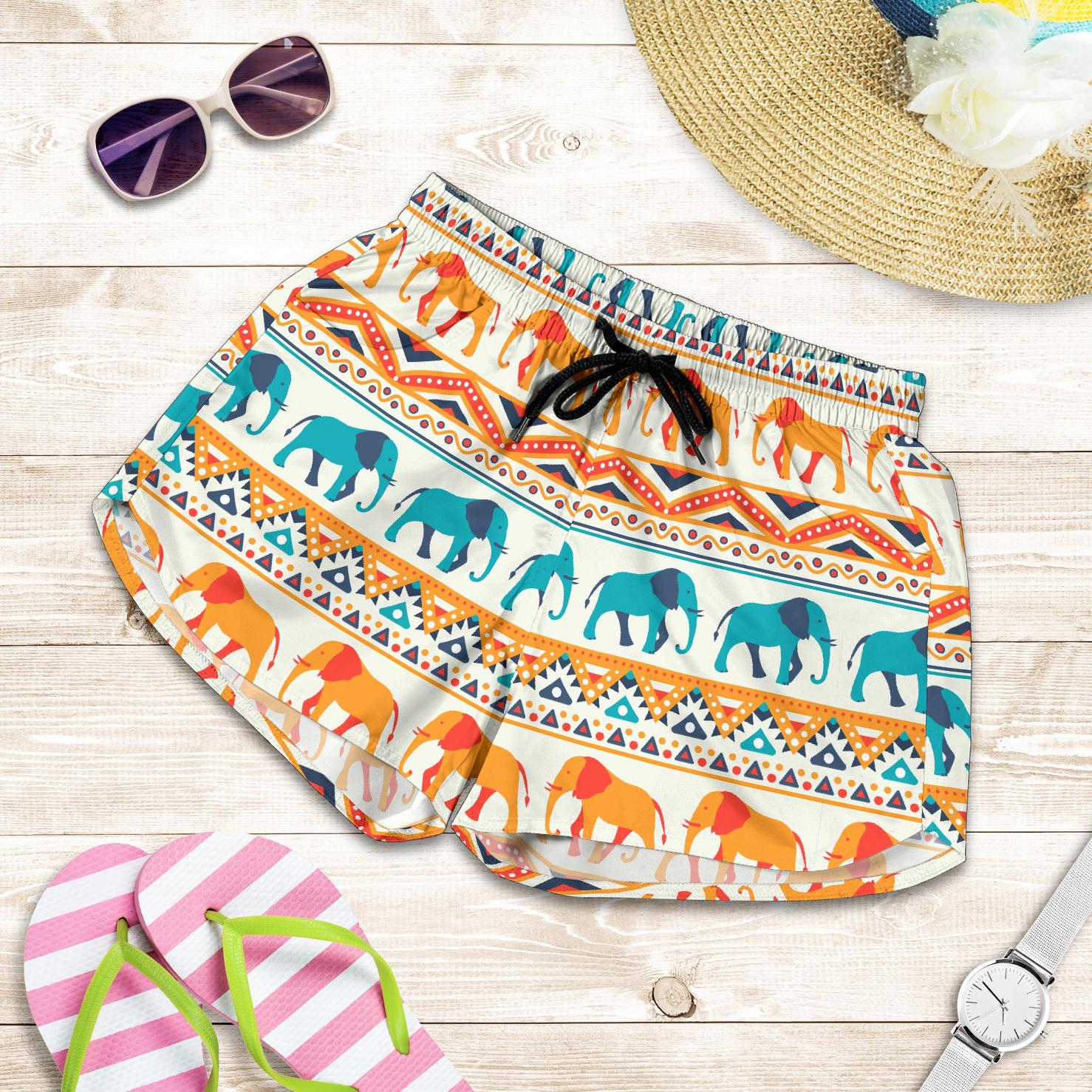 Elephant Aztec Ethnic Print Pattern Women Shorts-JTAMIGO.COM