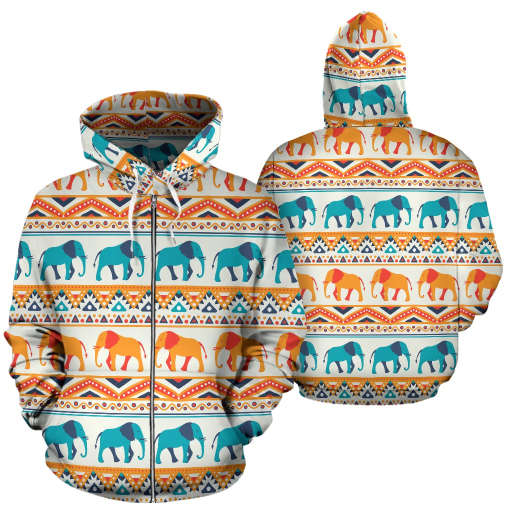 Elephant Aztec Ethnic Print Pattern Zip Up Hoodie