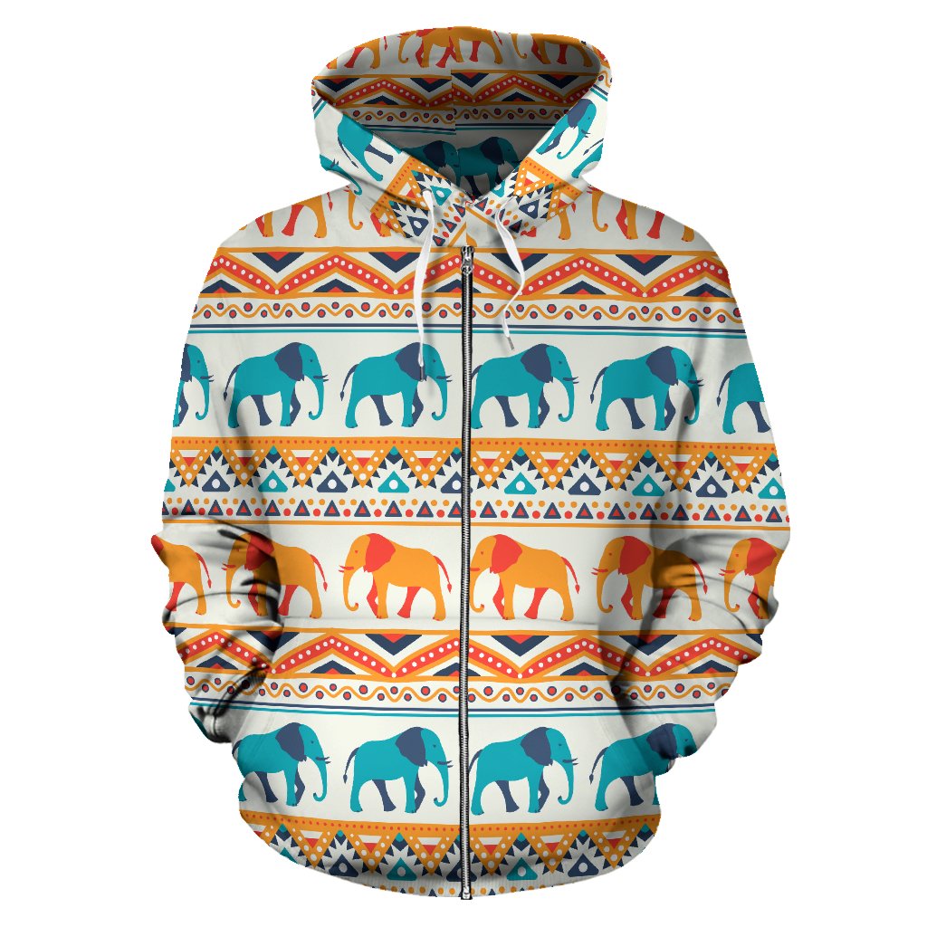 Elephant Aztec Ethnic Print Pattern Zip Up Hoodie