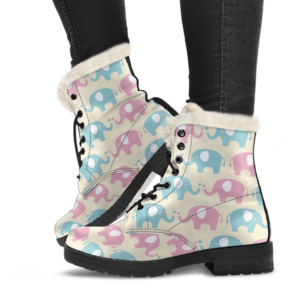 Elephant Baby Pastel Print Pattern Faux Fur Leather Boots-JTAMIGO.COM