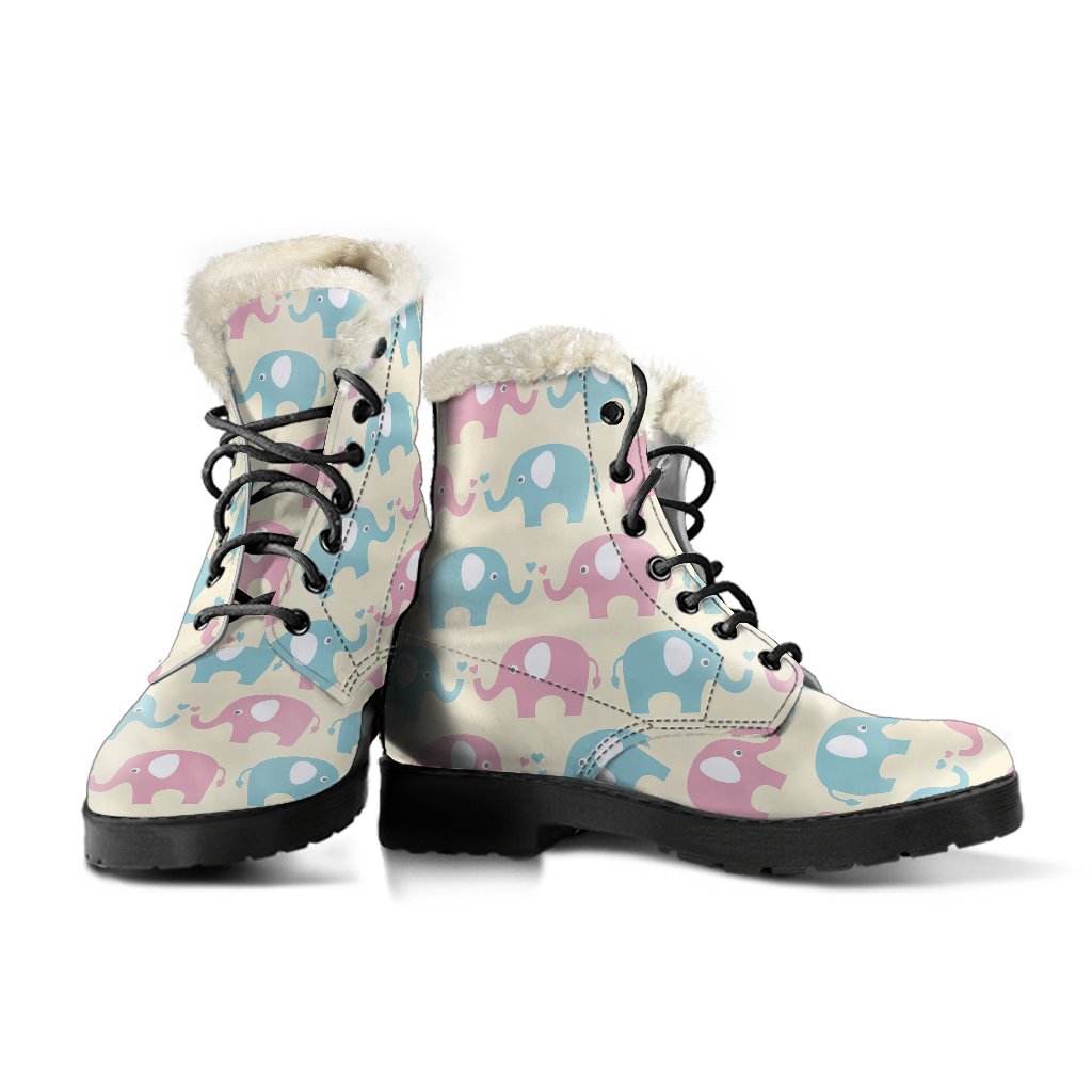 Elephant Baby Pastel Print Pattern Faux Fur Leather Boots-JTAMIGO.COM