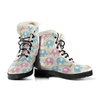 Elephant Baby Pastel Print Pattern Faux Fur Leather Boots-JTAMIGO.COM